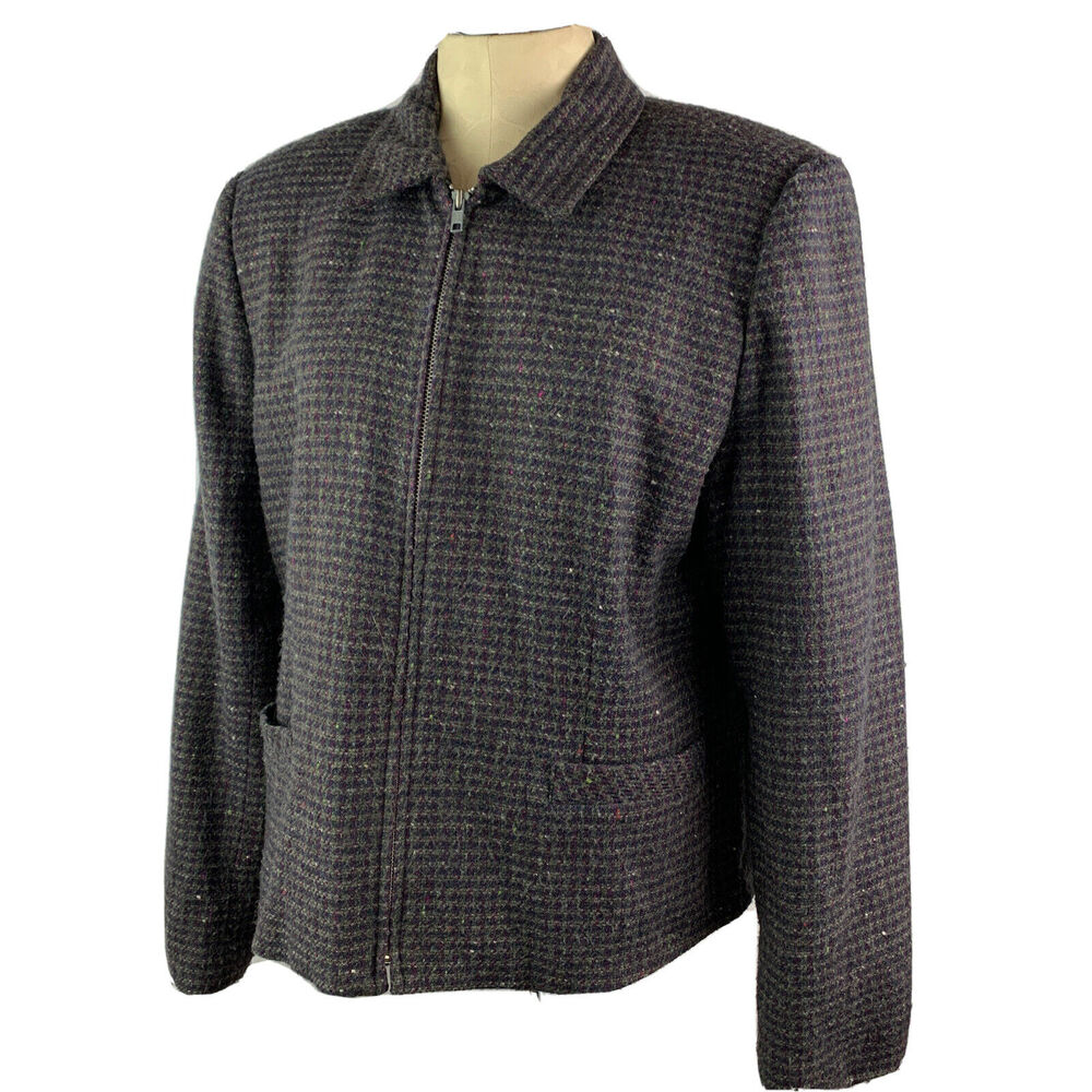 16 Dressbarn Zip Front Jacket Women's Gray Burgundy Wool Blend Tweed Lined